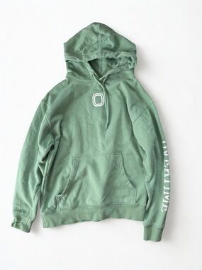 Men's Green Overtime Pullover Hoodie Sweatshirt with Sleeve Text Size Small